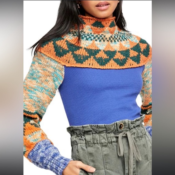 NWOT Free People Swit The Small Stuff Mock Neck Top In Blue Combo (XS) - Picture 3 of 3